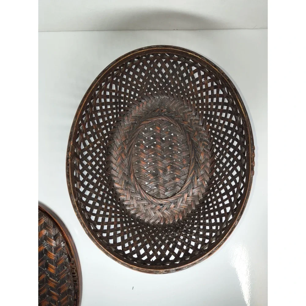 Woven Bamboo Oval Storage Basket Box Container W Lid Herringbone Weave Lacquered